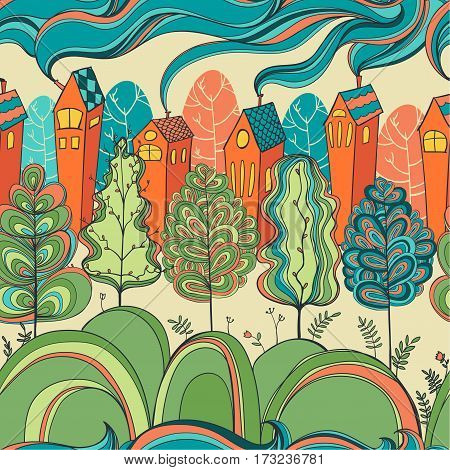 seamless pattern with fairy trees and houses