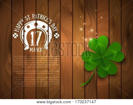 Saint Patrick's Day Banner with Green Four Leaf Clover on Wood. Vector illustration. Party Invitation Design, Chalk Emblem and Typographic Template. Irish Pub Menu Design.