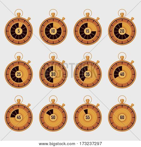 Set of realistic golden stopwatch. Set vector