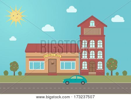 Coffee bar building in town on summer background. Vector illustration.