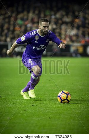 VALENCIA, SPAIN - FEBRUARY 22: Daniel Carvajal during La Liga soccer match between Valencia CF and Real Madrid at Mestalla Stadium on February 22, 2017 in Valencia, Spain