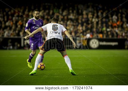 VALENCIA, SPAIN - FEBRUARY 22: Carvajal with ball during La Liga soccer match between Valencia CF and Real Madrid at Mestalla Stadium on February 22, 2017 in Valencia, Spain