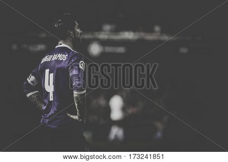 VALENCIA, SPAIN - FEBRUARY 22: Sergio Ramos during La Liga soccer match between Valencia CF and Real Madrid at Mestalla Stadium on February 22, 2017 in Valencia, Spain