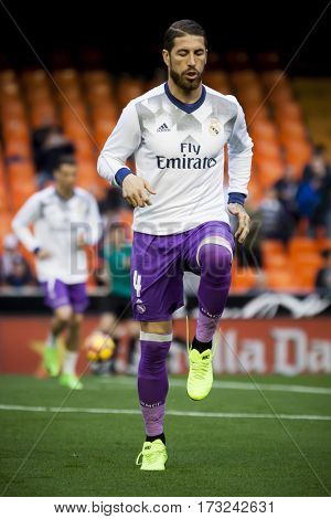 VALENCIA, SPAIN - FEBRUARY 22: Sergio Ramos during La Liga soccer match between Valencia CF and Real Madrid at Mestalla Stadium on February 22, 2017 in Valencia, Spain