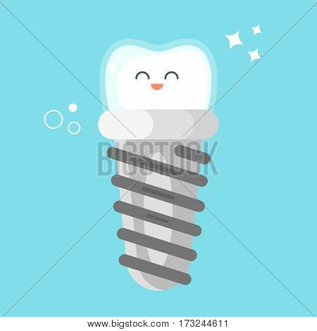 Vector flat style illustration of happy dental implant. Icon for web. Isolated on white background.