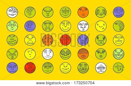 People face cartoon vector icons. Doodle avatar set. Big collection of people emotions for social activities. Linear art caricatures. Fun human characters. Different expression set.