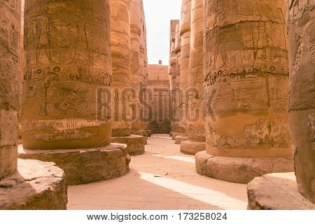 Ancient ruins of Karnak temple in Egypt at noon.