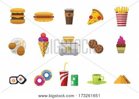 Vector icons sweet fast food elements. Restaurant breakfast menu isolated symbols. Cake design kitchen beverage dinner and dessert different meal.