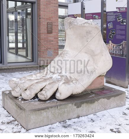 TrierGermany- January 03 2016: Emperor Constantine's foot - a copy of the preserved ancient works - the colossus of the Byzantine Emperor Constantine the Great.