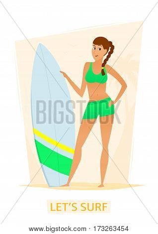 Young surfer girl with surf board on the beach. Concept of summer vacation on the sea. Vector illustration of cartoon woman in swimwear.