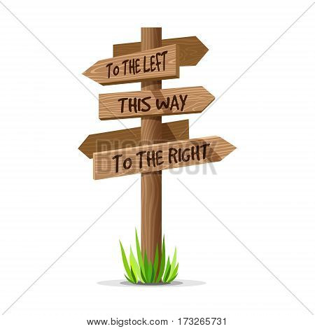Wooden arrow vector direction signboard. Wood sign post concept with grass. Board pointer illustration with text isolated on a white background