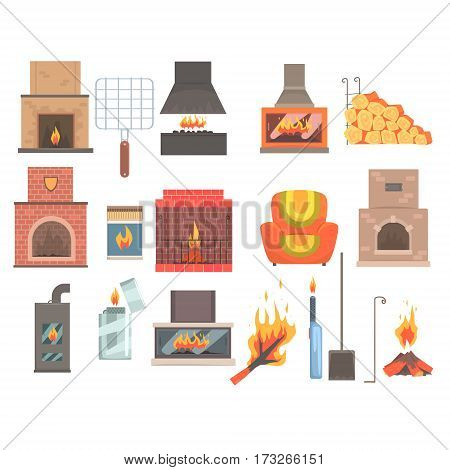 Indoors And Outdoors Fireplaces And Bonfires With Related Attributes And Tools Set Of Vector Cartoon Objects. Isolated Items For House Interior Decor And Home Warming.