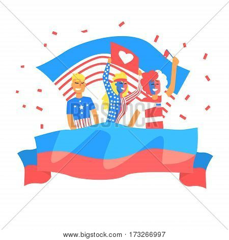 Cheering Happy Supporting Crowd Of American National Football Spots Team Fans And Devotees With Banners And Attributes. Sportive Support Team With Flags Screaming And Smiling On A Stadium Vector Illustration.