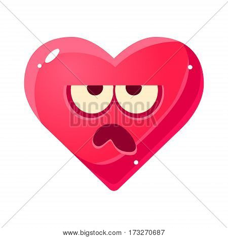 Grumpy Emoji, Pink Heart Emotional Facial Expression Isolated Icon With Love Symbol Emoticon Cartoon Character. Simple Heart-Shaped Face With Emotion Vector Sticker For Social Networks.