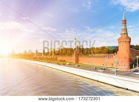 Kremlyovskaya embankment in Moscow with sunlight effect