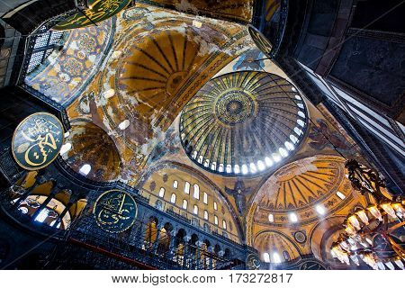 Istanbul, Turkey - April, 2013: Interior of the Hagia Sofia Mosque in Istanbul, Turkey.