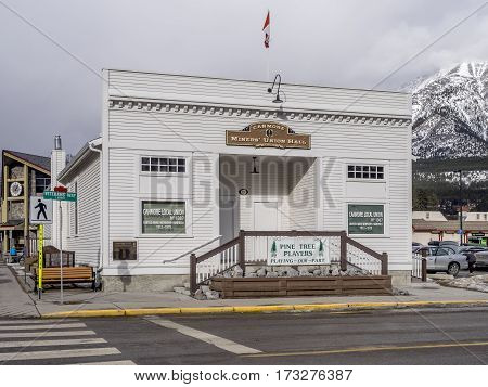 CANMORE, CANADA - FEB 19: Historic Canmore Miners Union Hall on February 19, 2017 in Canmore, Alberta, Canada. Before Canmore became a mountain tourist destination, it was a mining town.