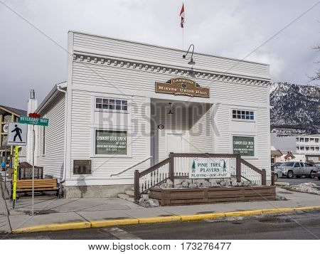 CANMORE, CANADA - FEB 19: Historic Canmore Miners Union Hall on February 19, 2017 in Canmore, Alberta, Canada. Before Canmore became a mountain tourist destination, it was a mining town.