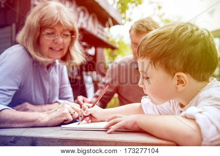 Gradient Color Style with Kid Doing Homework with Dad and Mom