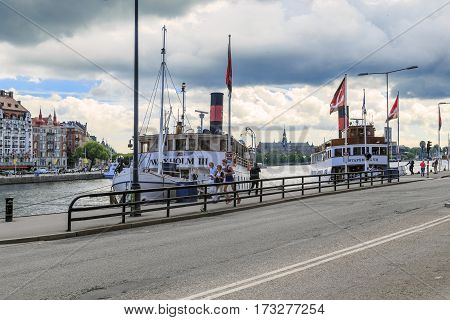 STOCKHOLM, SWEDEN - JUNE 28, 2016: These are old steamers at the berth of cove Nybroviken in the central part of the city.