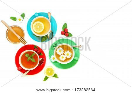 Tea Collection Of Three Different Types Of Tea - Green With Lemon, Black Raspberry, Chamomile Tea Is
