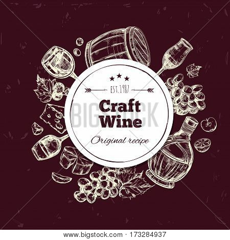 Traditional wine production concept with grapes apple cheese barrel bottle and glass in sketch style isolated vector illustration