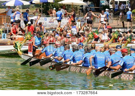 Rome Italy - July 30 2016: Dragon boat crews compete at the european championships held in Italy in 2016 summer The Italian Team