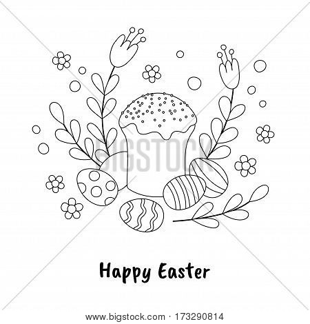 Easter cake and painted eggs in hand-drawn style. Black and white vector illustration. Easter card design template.