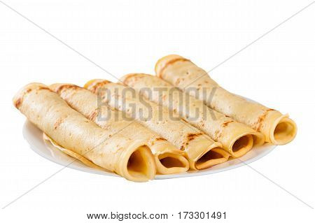 Homemade crepes with pork on white background