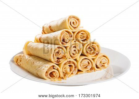 Pancakes with meat on a white background