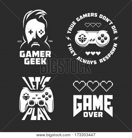 Retro video games related t-shirt design set. Monochrome joystick set. Quotes about gaming. Gamer geek glasses. Vector vintage illustration.