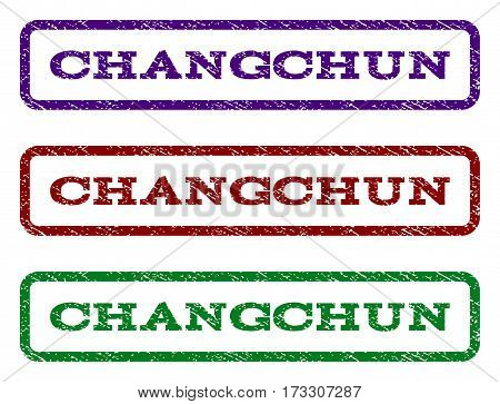 Changchun watermark stamp. Text tag inside rounded rectangle with grunge design style. Vector variants are indigo blue red green ink colors. Rubber seal stamp with dirty texture.