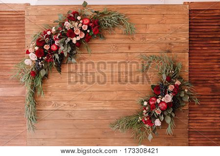 Decoration Of Autumnal Composition Of Roses, Apples, Grape And Pomergranate On Wooden Background
