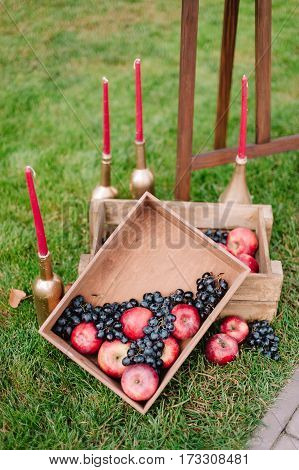 Autumnal Composition Of Red Apples And Dark Blue Grape In Wooden Box On Grass