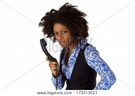 Angry african american woman with handset - isolated on white background