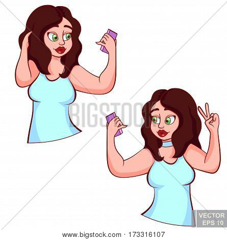 Cute Chubby Plus Size Plump Girl With Smart Phone Taking Selfie, Beautiful Woman Posing. Clip-art Ca