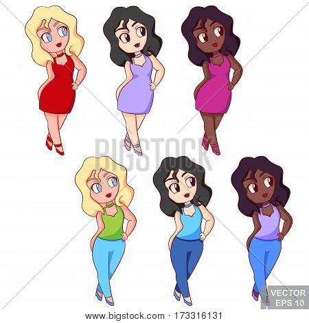 Cute Multinational Chubby Plus Size Plump Girls In Dress And Casual Top Jeans, Beautiful Woman Posin