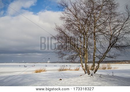 St. Petersburg, Sestroretsk -26.02.2017: Residents vacationing families, doing active winter sports