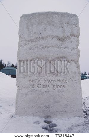 SINETTA, FINLAND - FEBRUARY 16, 2017: Entrance at Arctic Snow Hotel in Finnish Lapland. Arctic SnowHotel is located on the Arctic Circle in Finnish Lapland.