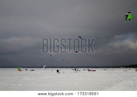 St. Petersburg, Sestroretsk -26.02.2017: Residents vacationing families, doing active winter sports