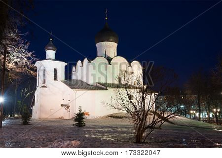 View of medieval church of Basil the Great on the Hill on February night. Pskov, Russia