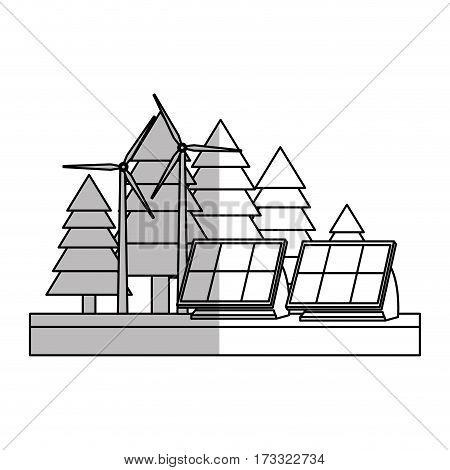 forest with solar panels and eolic turbines over white background. vector illustration