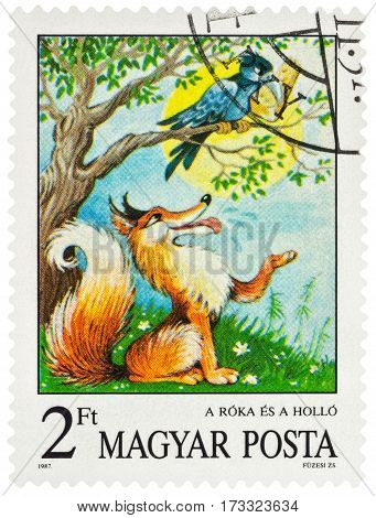 MOSCOW RUSSIA - February 26 2017: A stamp printed in Hungary shows scene from a fable 
