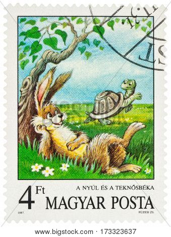 MOSCOW RUSSIA - February 26 2017: A stamp printed in Hungary shows scene from a fable 