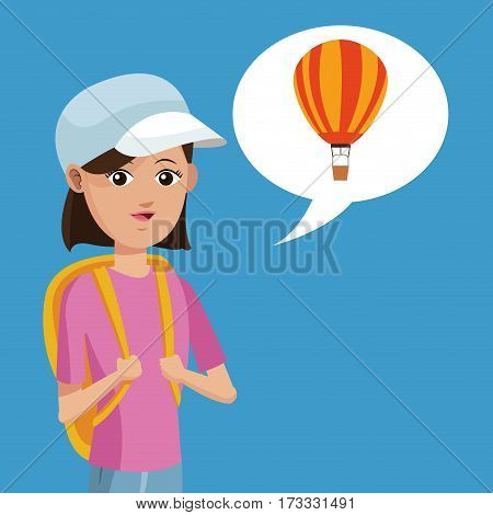 young girl rucksack travel airballoon vector illustration
