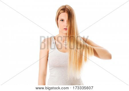 Blond hair. Beautiful woman with straight long hair.