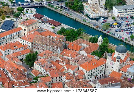 Top view of Old Town Temple of St. Nicholas River Shkurda Kotor Montenegro