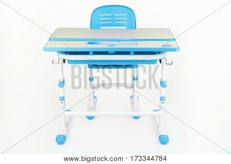 Blue chair and school table on the white isolated background.