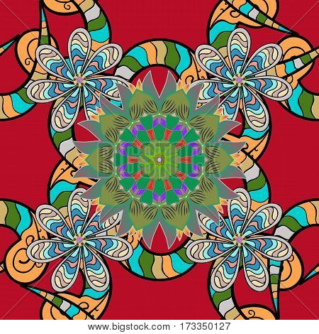 Mandalas Background. Raster Illustration. Red Pink Green. Stripe.