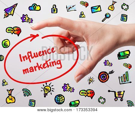 Technology, Internet, Business And Marketing. Young Business Woman Writing Word: Influence Marketing